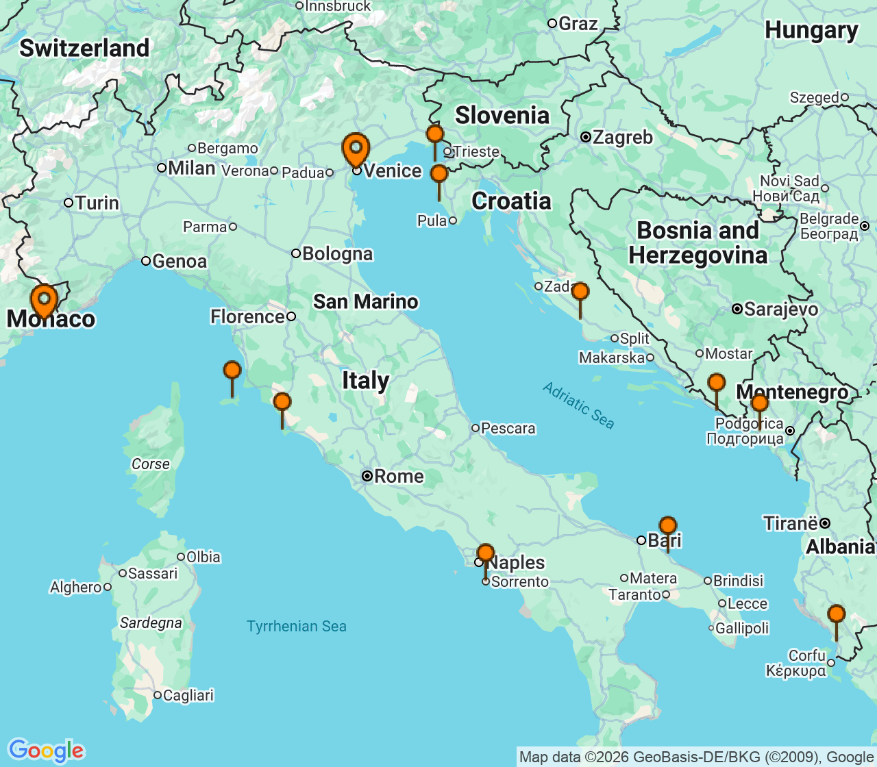 Harta itinerariu Croaziera 2027 - Mediterana (Nice (Villefranche), Franta) - Silversea Cruises - Silver Shadow - 12 nopti