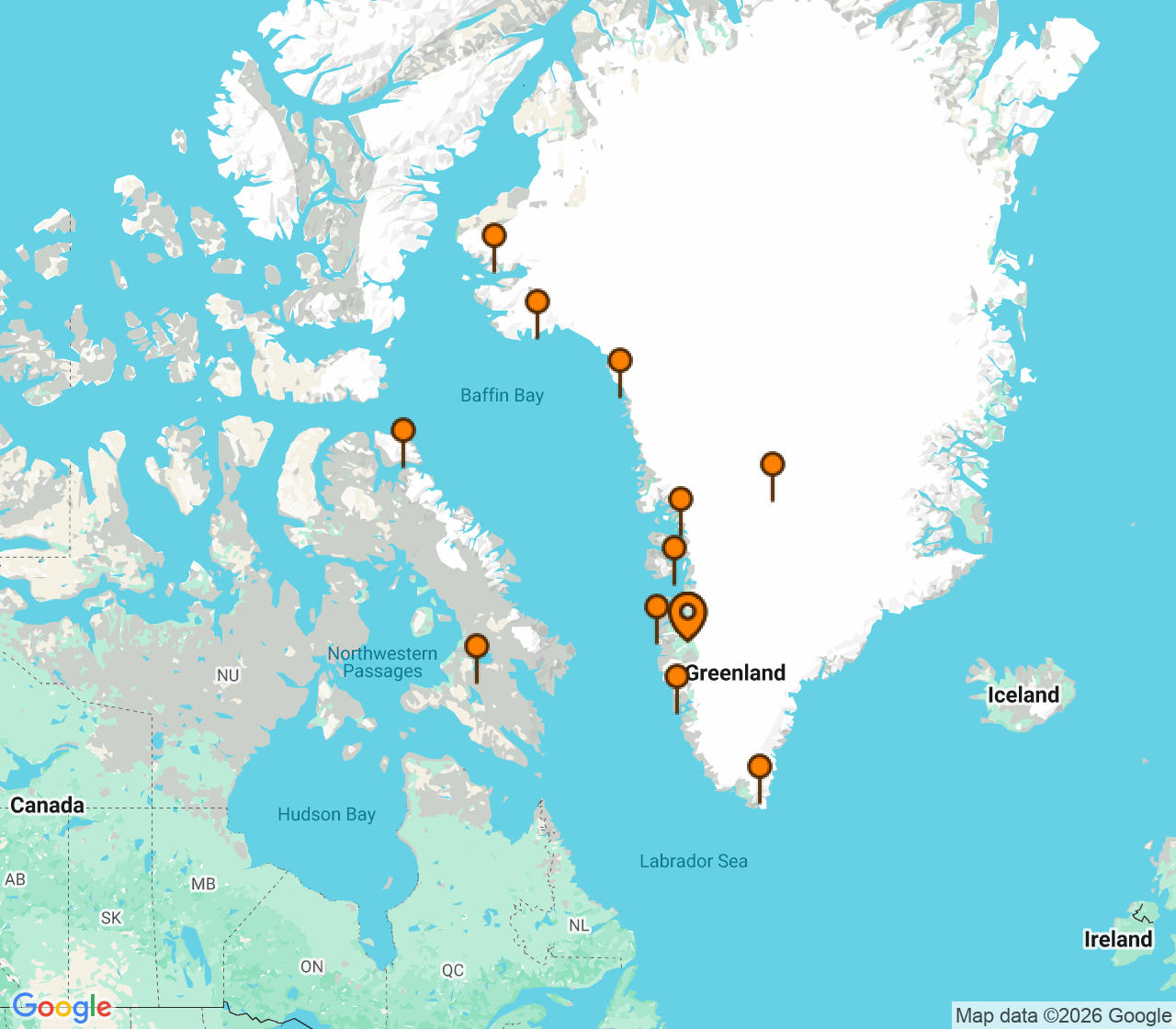 Harta itinerariu Croaziera 2027 - Europa de Nord (Kangerlussuaq, Groenlanda) - Ponant - L'Austral - 16 nopti