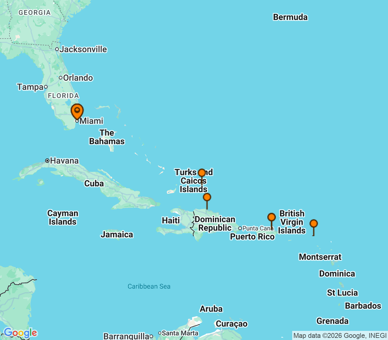 Harta itinerariu Croaziera 2028 - Caraibe si America Centrala (Miami, FL) - Princess Cruises - Regal Princess - 14 nopti
