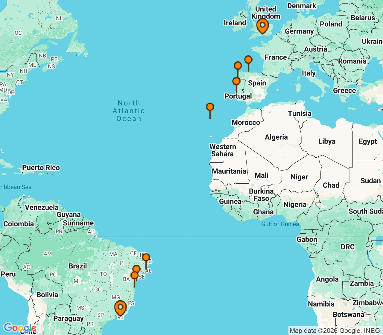 Harta itinerariu Croaziera 2027 - Repozitionari si Transoceanic (Southampton, Anglia) - MSC Cruises - MSC Meraviglia - 18 nopti