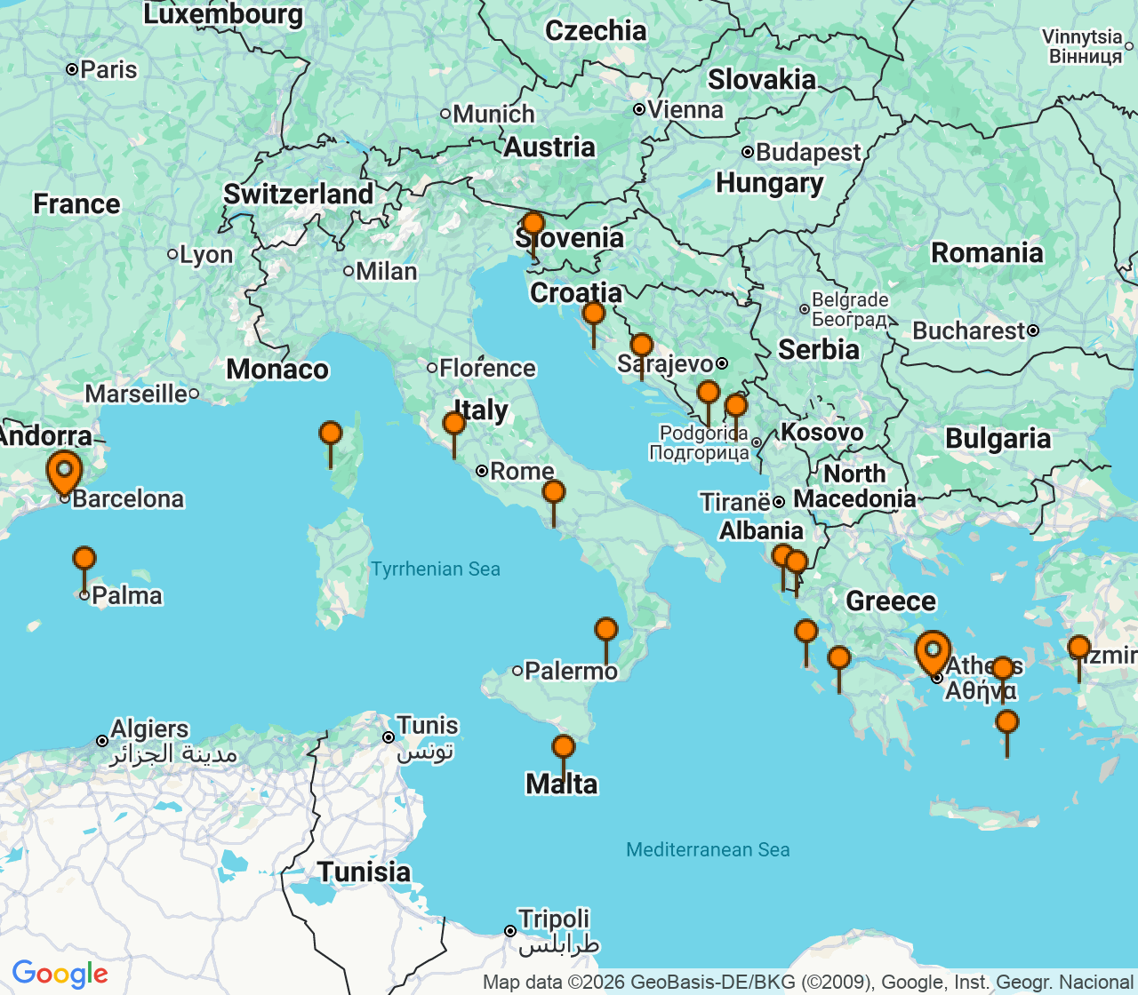 Harta itinerariu Croaziera 2029 - Grand Voyage si Tematice (Atena (Piraeus), Grecia) - Oceania Cruises - Allura - 23 nopti