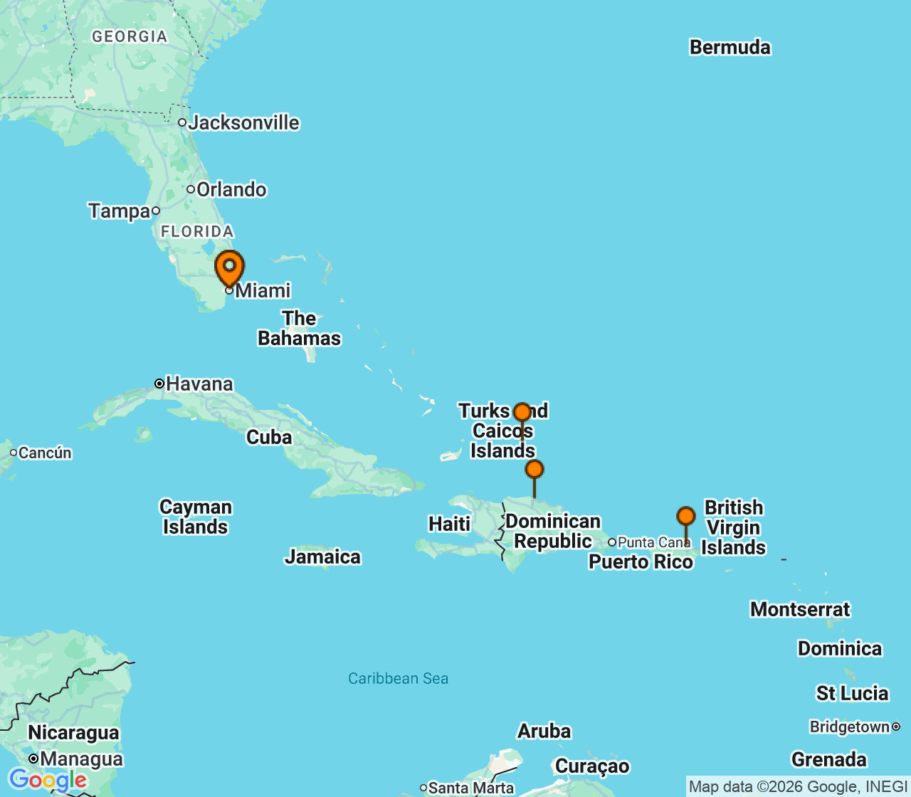 Harta itinerariu Croaziera 2028 - Caraibe si America Centrala (Miami, FL) - Princess Cruises - Regal Princess - 7 nopti