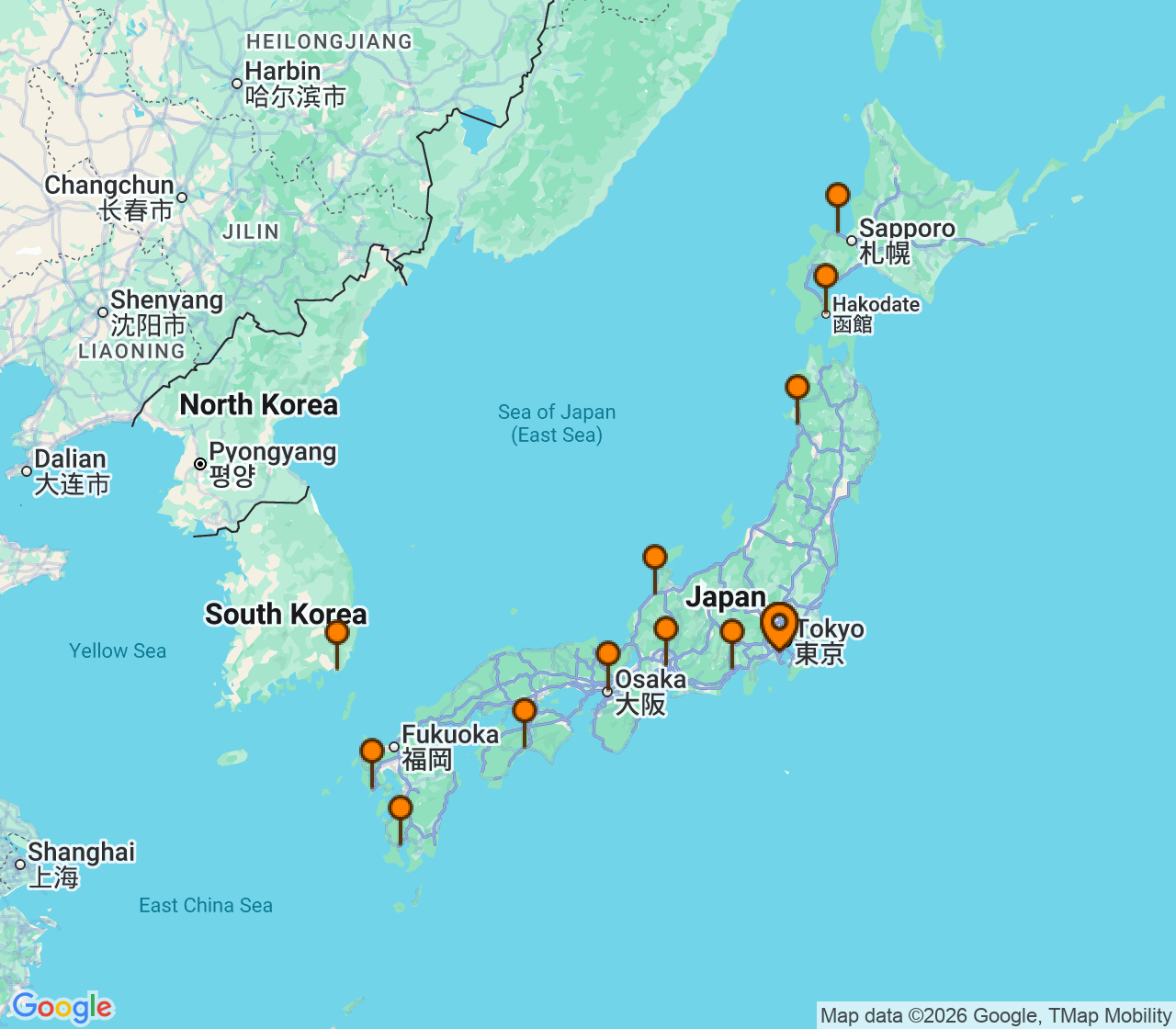 Harta itinerariu Croaziera 2028 - Asia (Orientul Indepartat) (Tokyo (Yokohama), Japonia) - Oceania Cruises - Riviera - 14 nopti