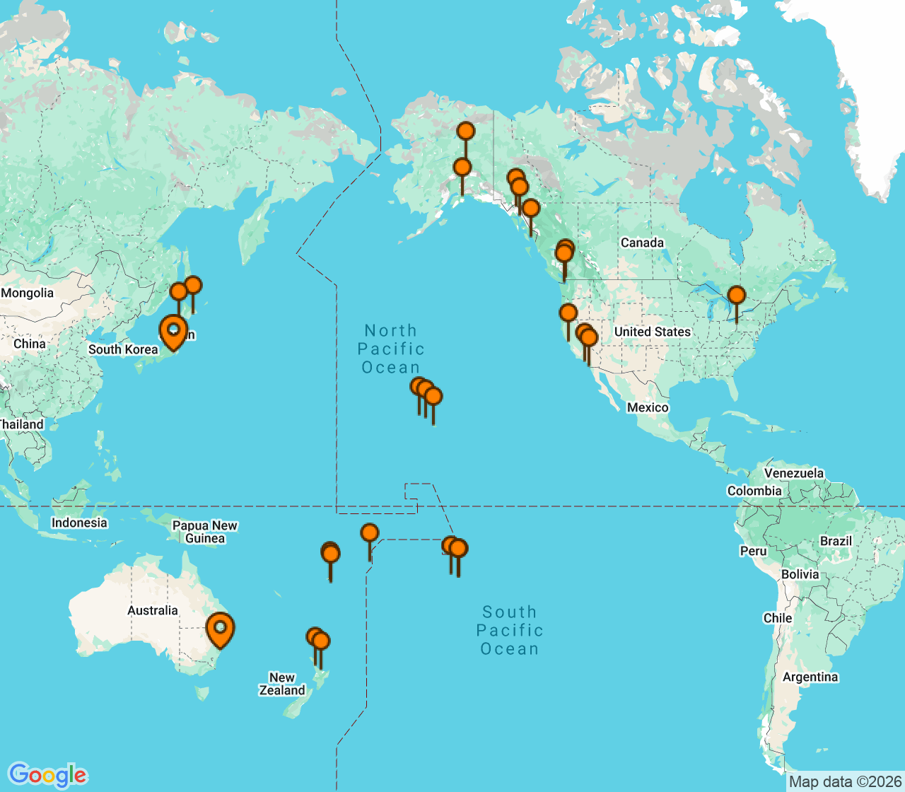 Harta itinerariu Croaziera 2028 - Australia si Noua Zeelanda (Sydney, Australia) - Princess Cruises - Grand Princess - 57 nopti