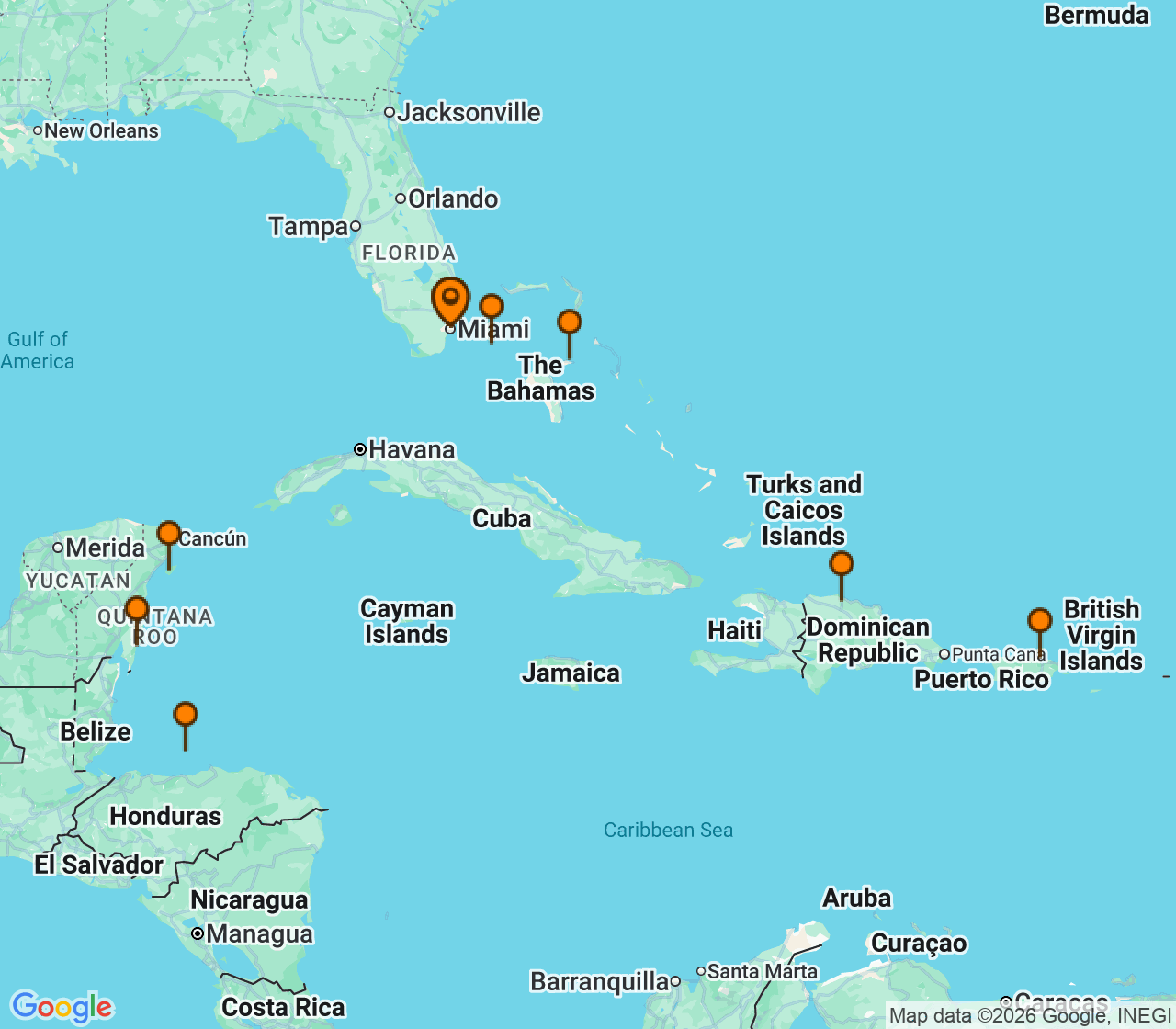 Harta itinerariu Croaziera 2027 - Caraibe si America Centrala (Miami, FL) - MSC Cruises - MSC World America - 14 nopti