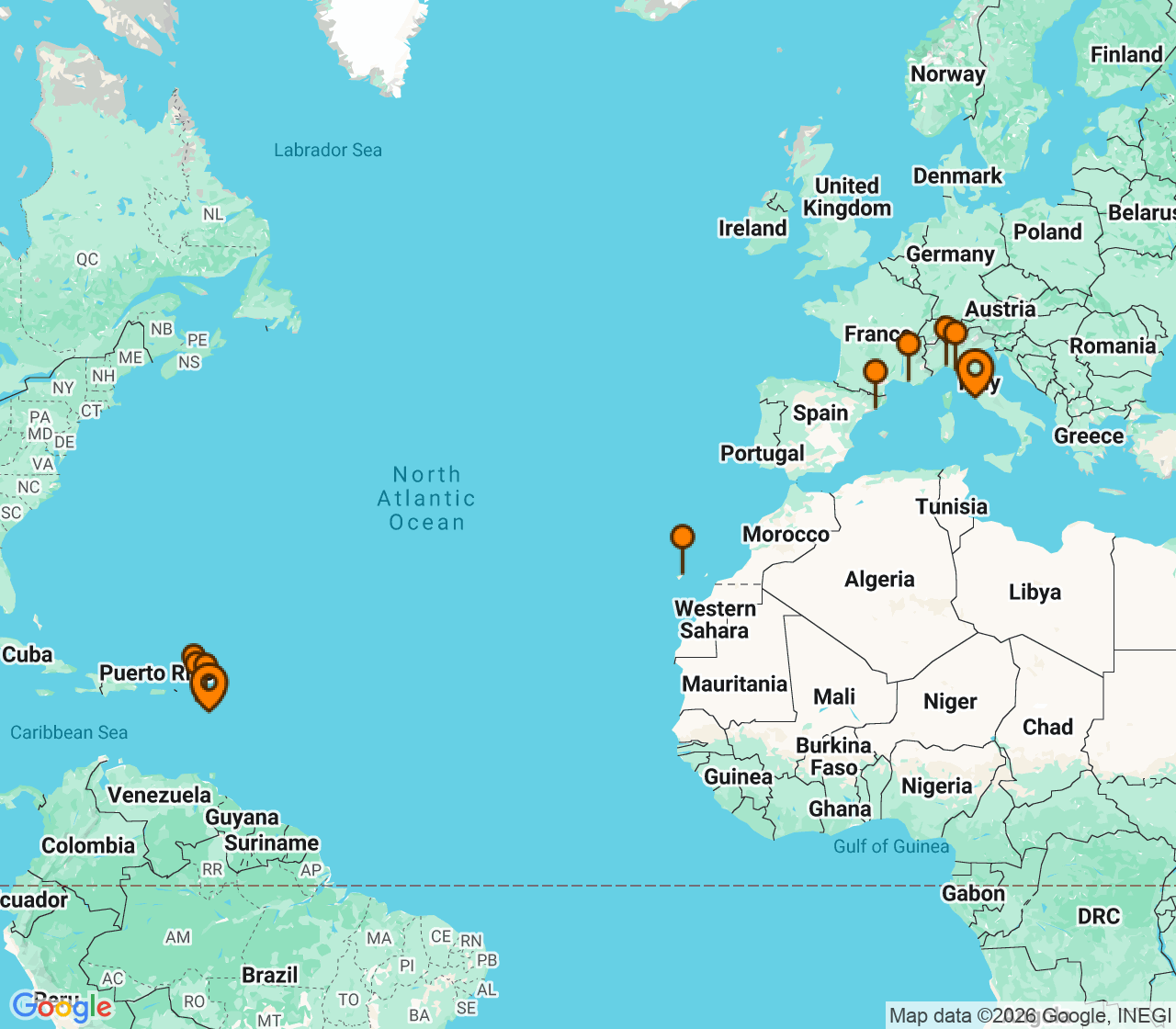 Harta itinerariu Croaziera 2027 - Repozitionari si Transoceanic (Pointe-a-Pitre, Guadalupe) - MSC Cruises - MSC World Europa - 17 nopti