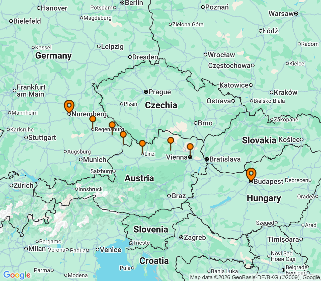 Harta itinerariu Croaziera 2028 - Europa de Nord (Nuremberg, Germania) - Uniworld River Cruises - S.S. Helen - 12 nopti