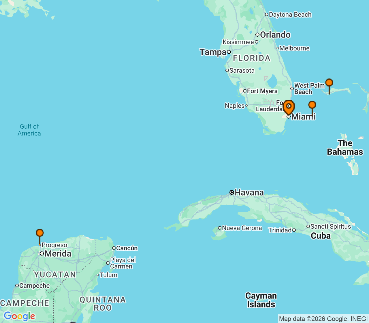 Harta itinerariu Croaziera 2027 - Caraibe si America Centrala (Miami, FL) - Virgin Voyages - Resilient Lady - 7 nopti
