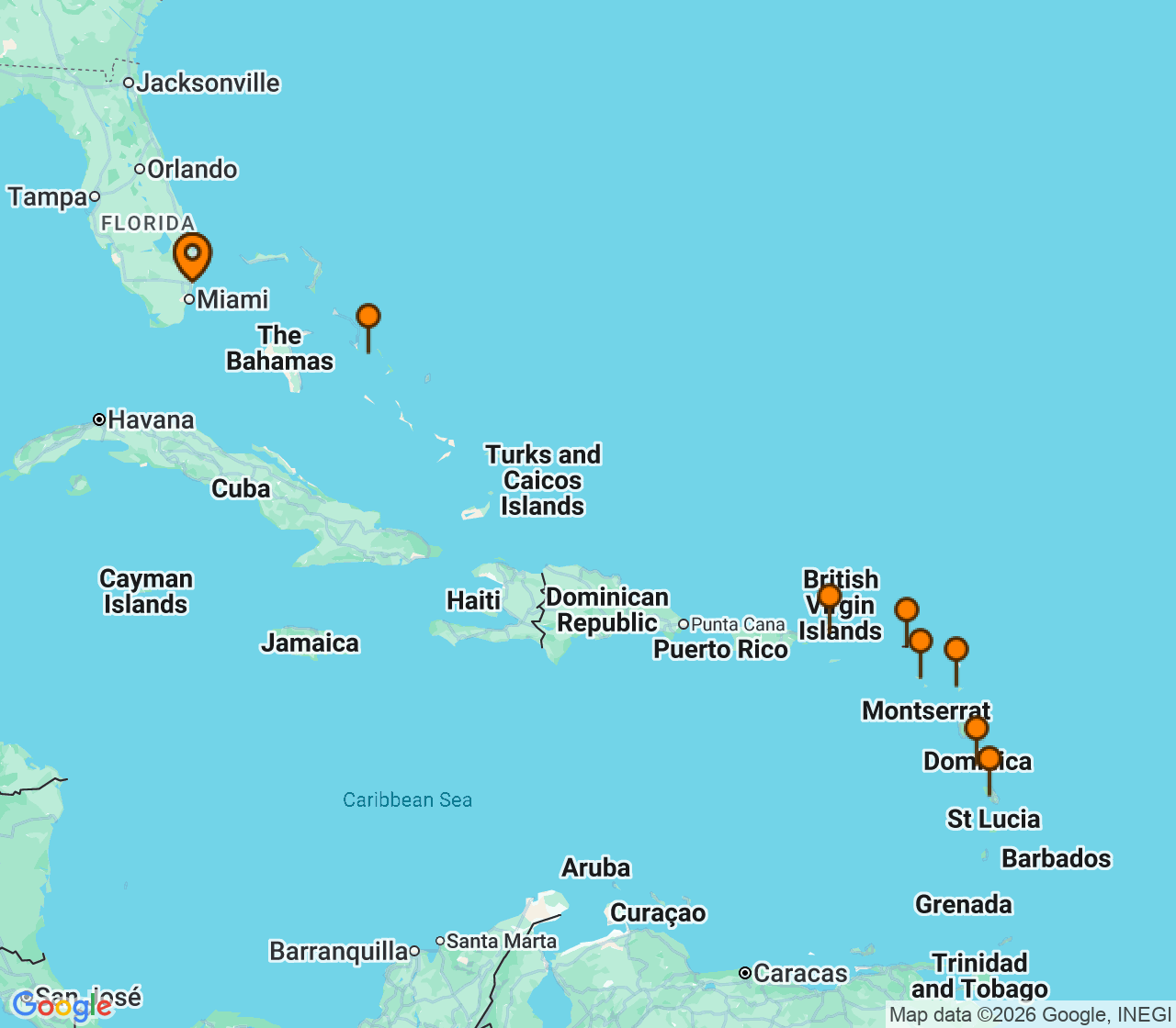 Harta itinerariu Croaziera 2027 - Caraibe si America Centrala (Fort Lauderdale, Florida) - Holland America Line - Eurodam - 11 nopti