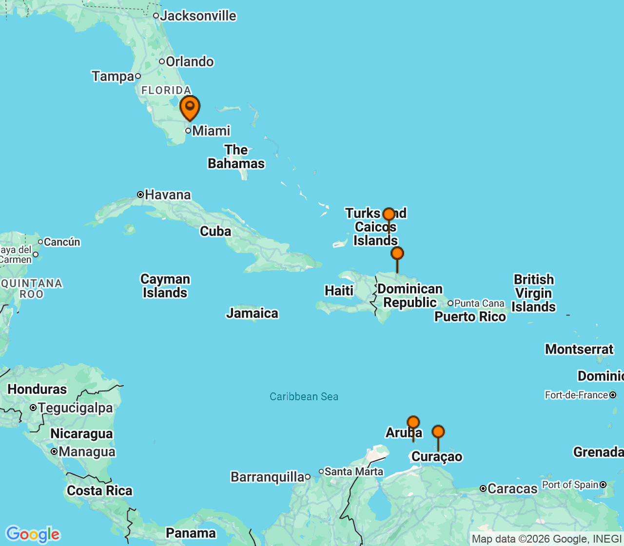 Harta itinerariu Croaziera 2026 - Caraibe si America Centrala (Fort Lauderdale, Florida) - Princess Cruises - Regal Princess - 14 nopti