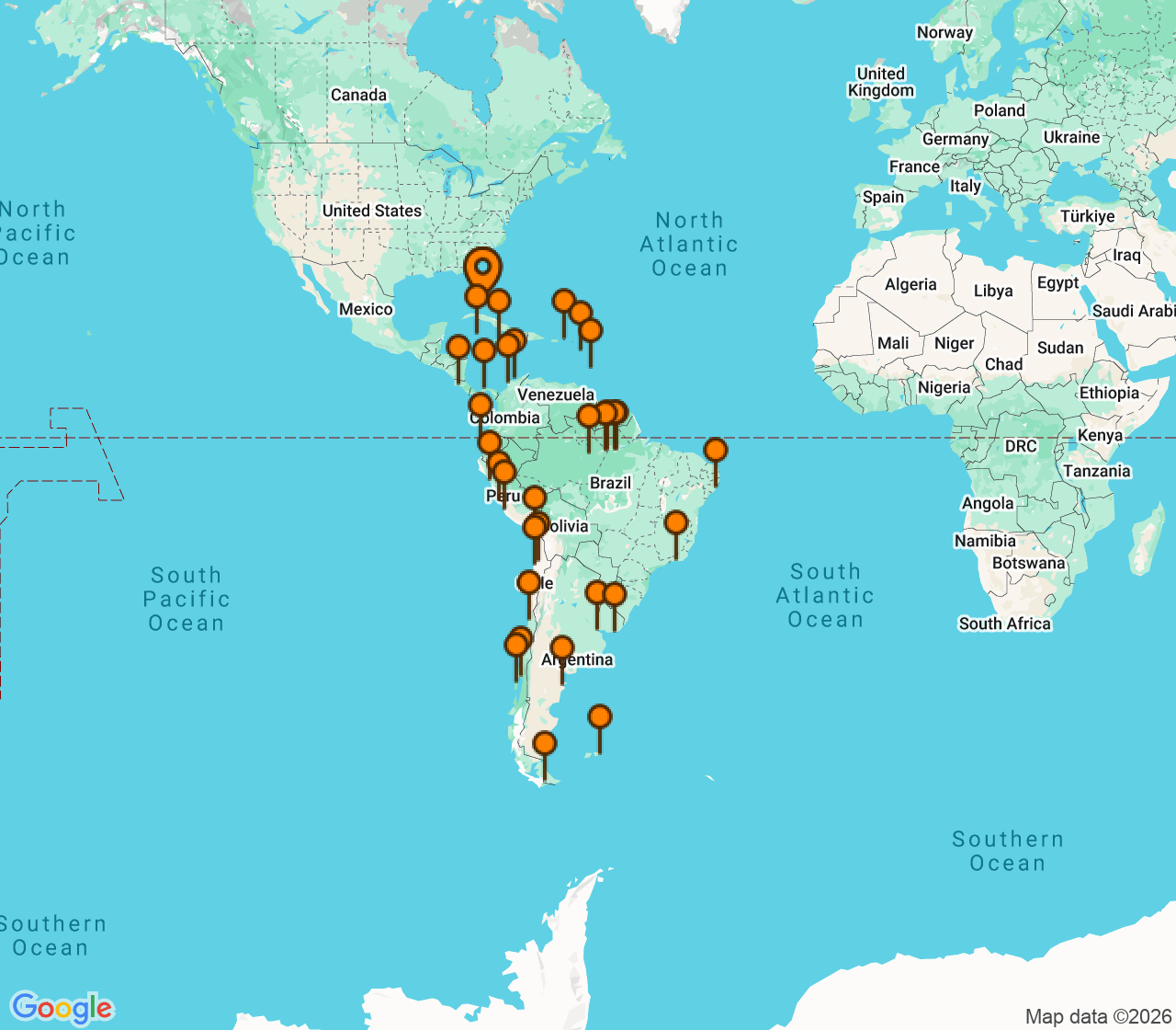 Harta itinerariu Croaziera 2028 - America de Sud (Miami, FL) - Oceania Cruises - Sirena - 65 nopti