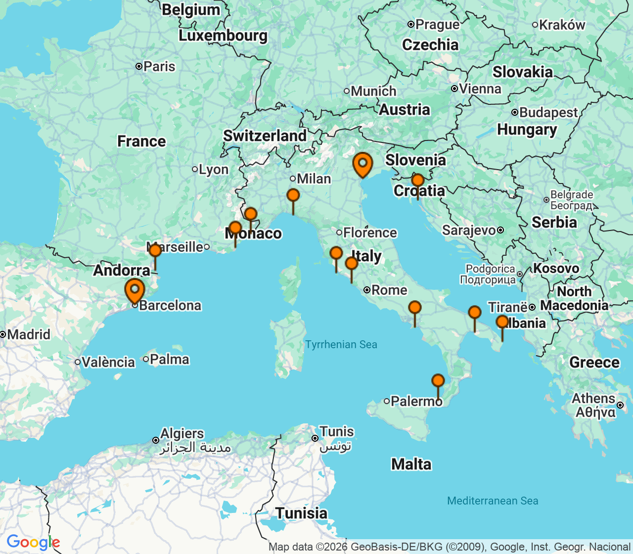 Harta itinerariu Croaziera 2027 - Mediterana (Barcelona, Spania) - Windstar Cruises - Wind Spirit - 16 nopti