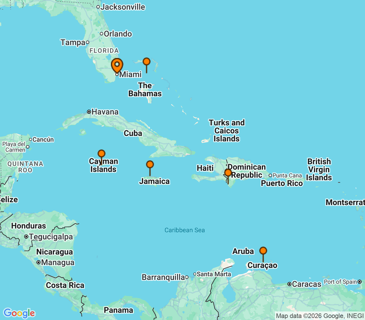 Harta itinerariu Croaziera 2027 - Caraibe si America Centrala (Miami, FL) - Norwegian Cruise Line - Norwegian Jewel - 10 nopti