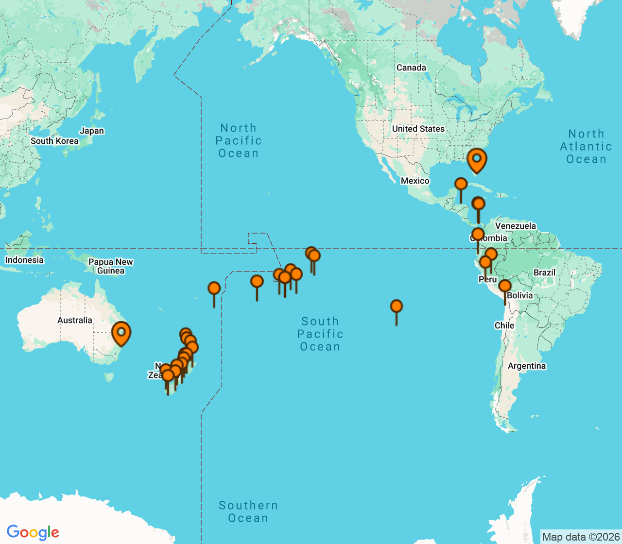 Harta itinerariu Croaziera 2027 - Grand Voyage si Tematice (Miami, FL) - Seabourn - Seabourn Quest - 62 nopti