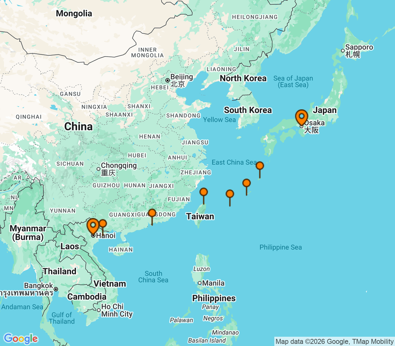 Harta itinerariu Croaziera 2028 - Asia (Orientul Indepartat) (Hanoi (Cai Lan), Vietnam) - Windstar Cruises - Star Seeker - 13 nopti