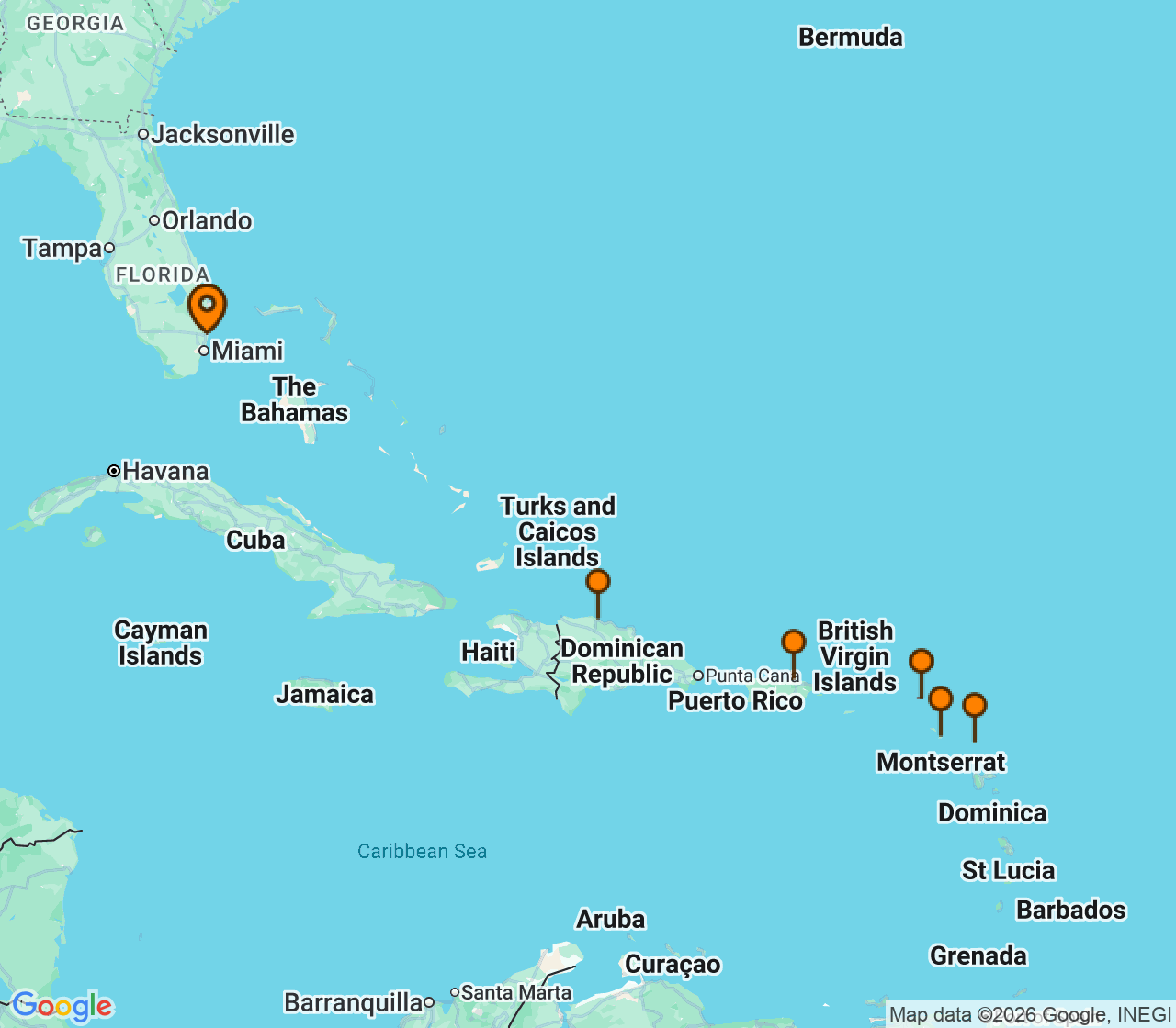 Harta itinerariu Croaziera 2026 - Caraibe si America Centrala (Fort Lauderdale, Florida) - Princess Cruises - Enchanted Princess - 10 nopti