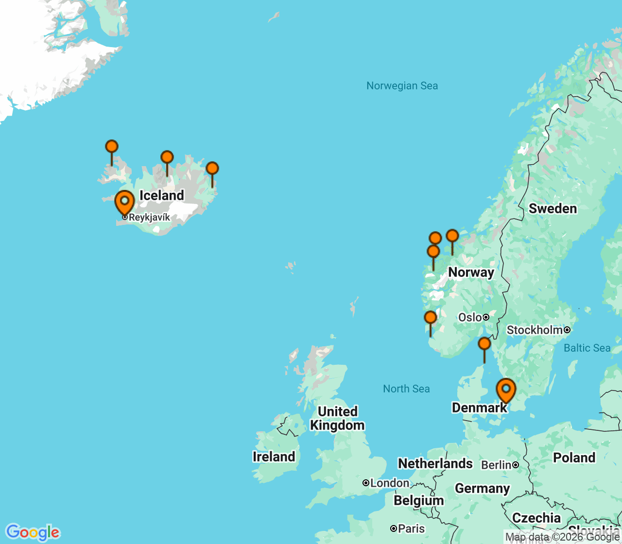 Harta itinerariu Croaziera 2028 - Europa de Nord (Copenhaga, Danemarca) - Princess Cruises - Caribbean Princess - 10 nopti