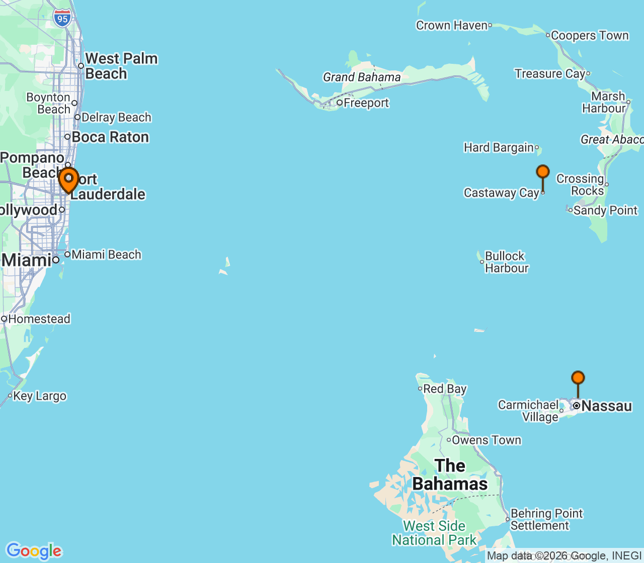 Harta itinerariu Croaziera 2028 - Caraibe si America Centrala (Port Everglades, USA) - Disney Cruise Line - Disney Dream - 4 nopti