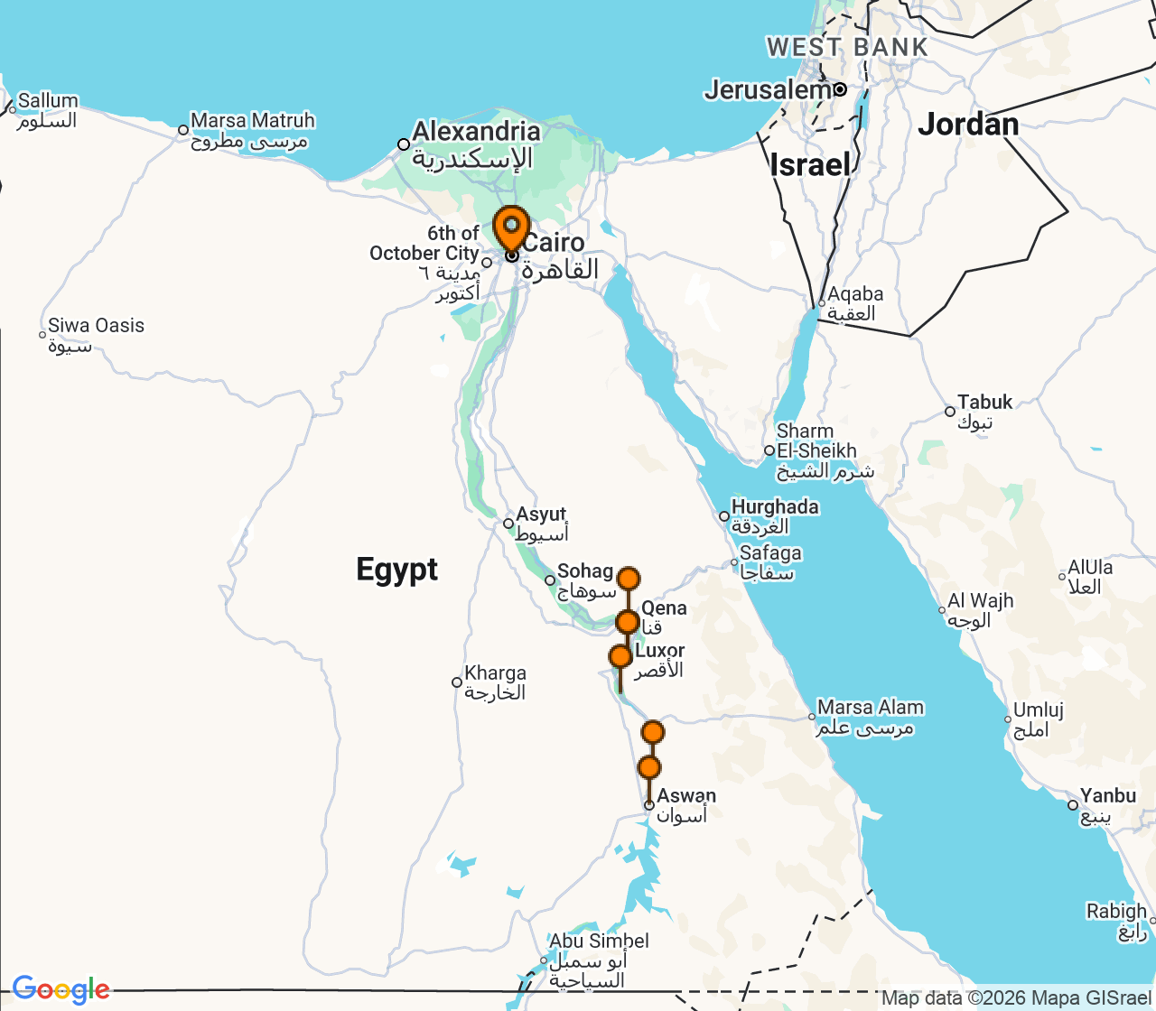 Harta itinerariu Croaziera 2026 - Africa (Cairo (Port Said), Egipt) - Uniworld River Cruises - River Tosca - 11 nopti