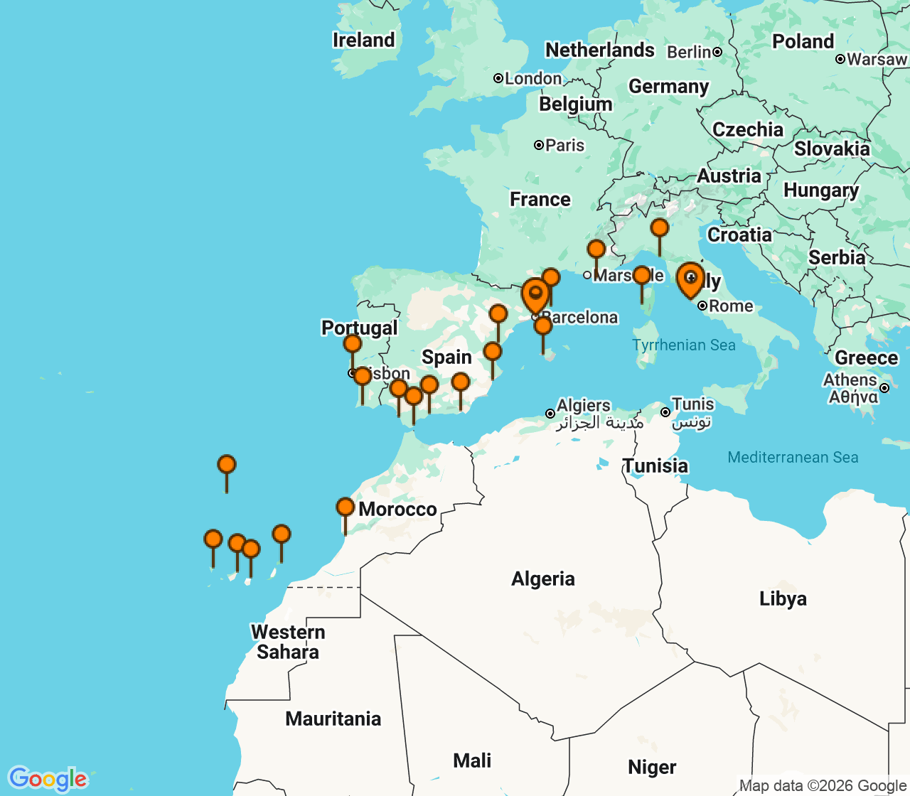 Harta itinerariu Croaziera 2026 - Mediterana (Barcelona, Spania) - Oceania Cruises - Sirena - 26 nopti