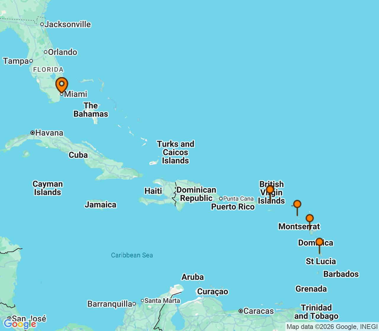 Harta itinerariu Croaziera 2027 - Caraibe si America Centrala (Miami, FL) - Silversea Cruises - Silver Nova - 11 nopti