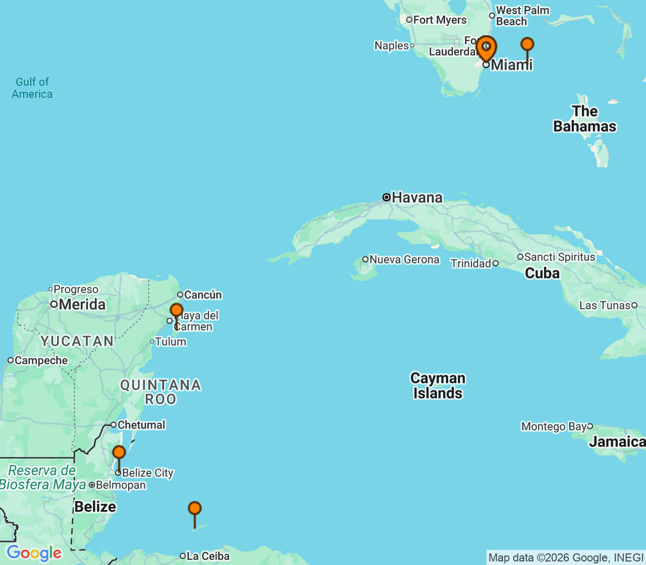 Harta itinerariu Croaziera 2027 - Caraibe si America Centrala (Miami, FL) - Virgin Voyages - Resilient Lady - 8 nopti