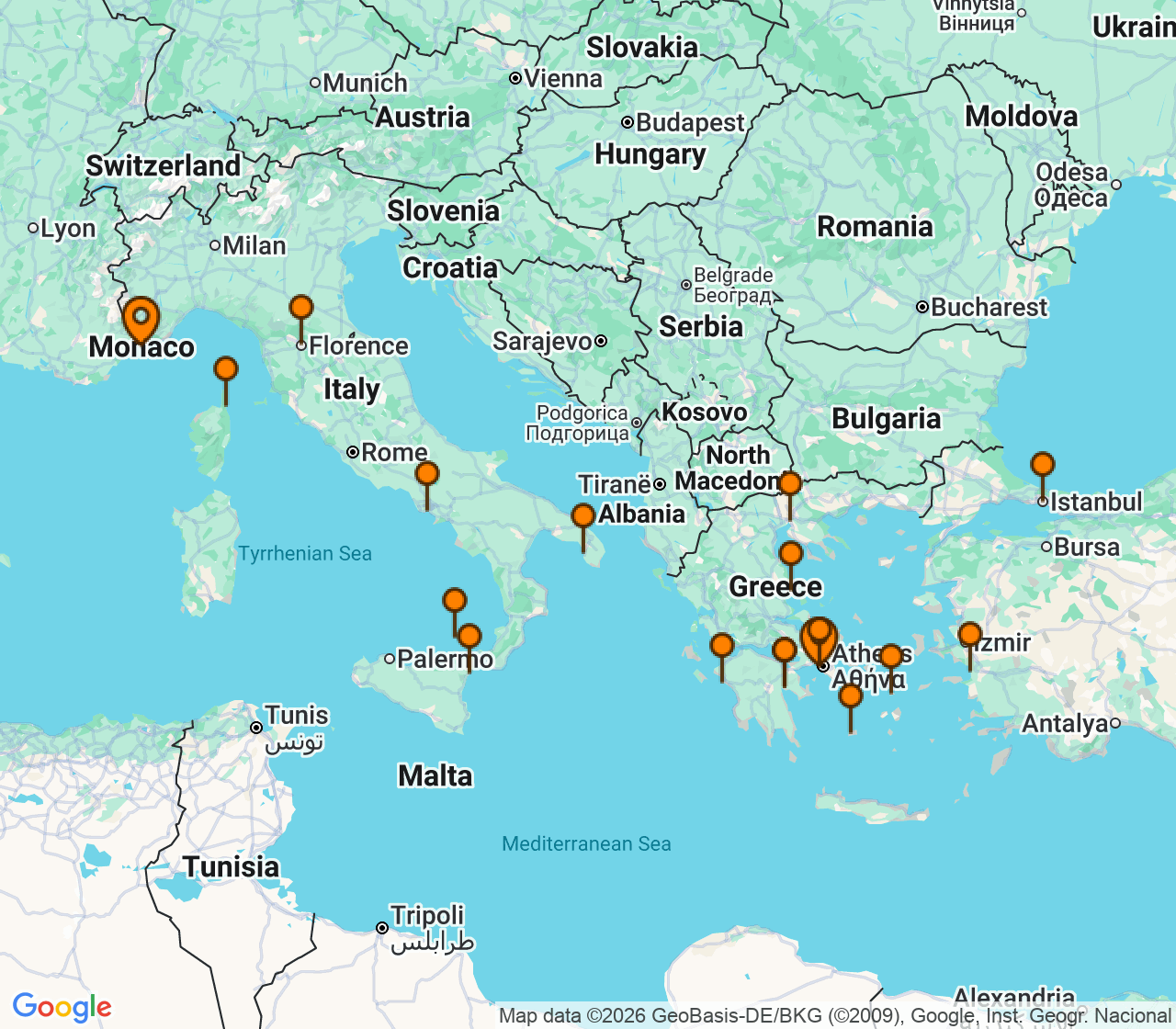 Harta itinerariu Croaziera 2028 - Mediterana (Monte Carlo, Monaco) - Silversea Cruises - Silver Shadow - 24 nopti