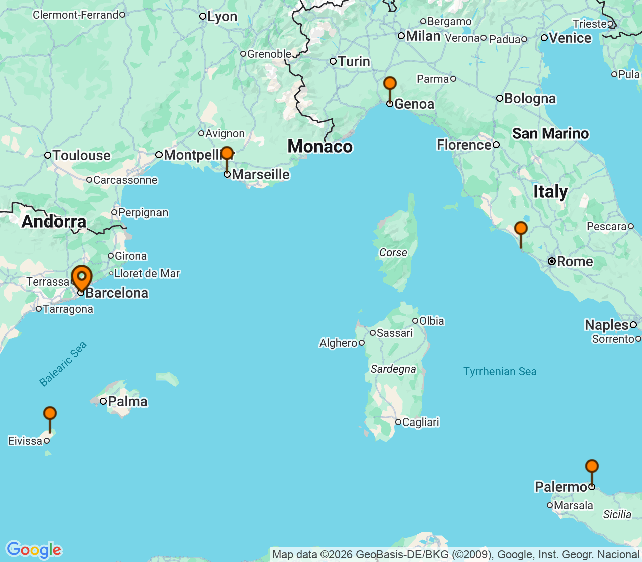Harta itinerariu Croaziera 2026 - Mediterana (Barcelona, Spania) - MSC Cruises - MSC Seaview - 7 nopti