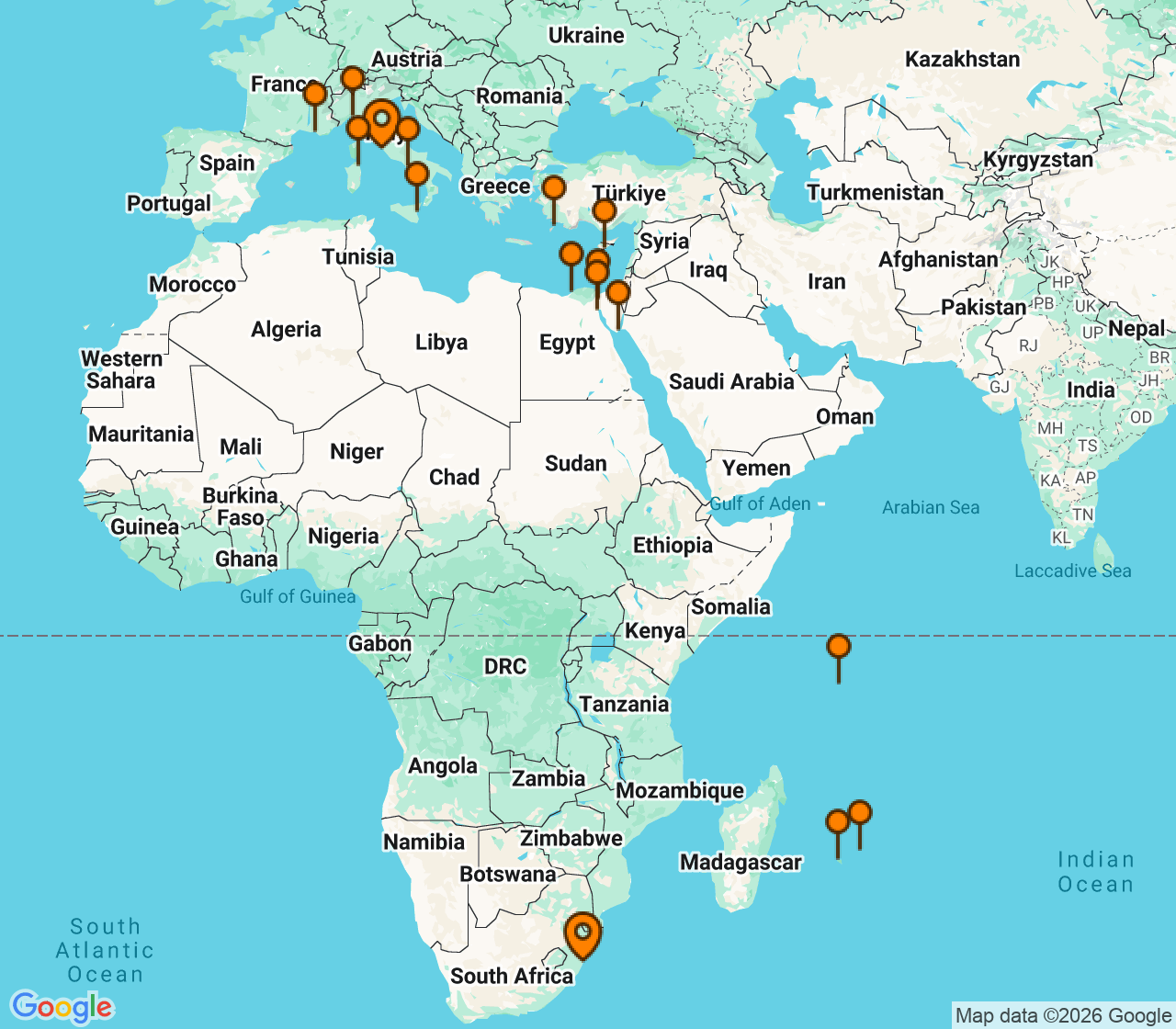 Harta itinerariu Croaziera 2027 - Repozitionari si Transoceanic (Roma (Civitavecchia), Italia) - MSC Cruises - MSC Sinfonia - 29 nopti