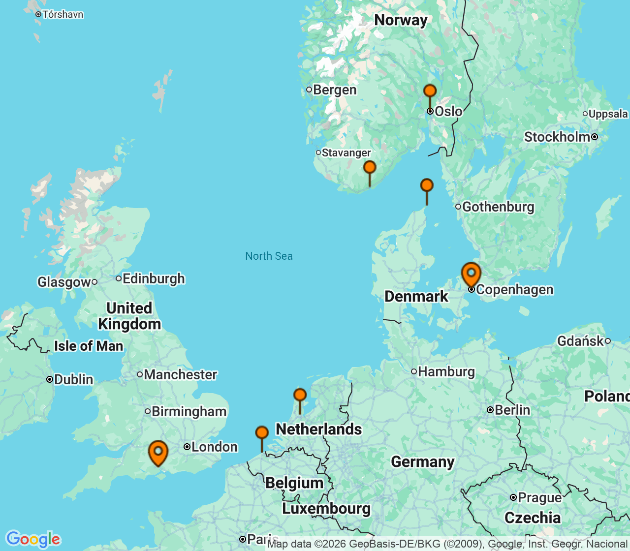 Harta itinerariu Croaziera 2028 - Europa de Nord (Southampton, Anglia) - Princess Cruises - Caribbean Princess - 7 nopti