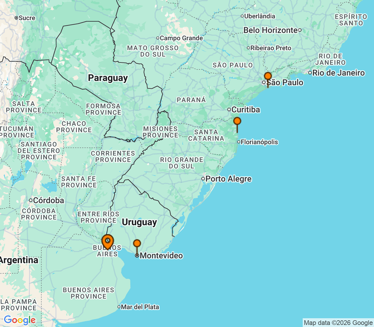 Harta itinerariu Croaziera 2027 - America de Sud (Buenos Aires, Argentina) - MSC Cruises - MSC Meraviglia - 7 nopti