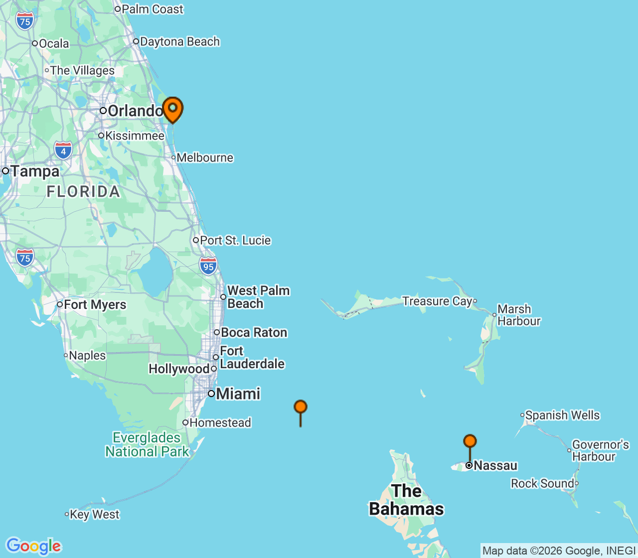 Harta itinerariu Croaziera 2028 - Caraibe si America Centrala (Port Canaveral, FL) - MSC Cruises - MSC Grandiosa - 4 nopti