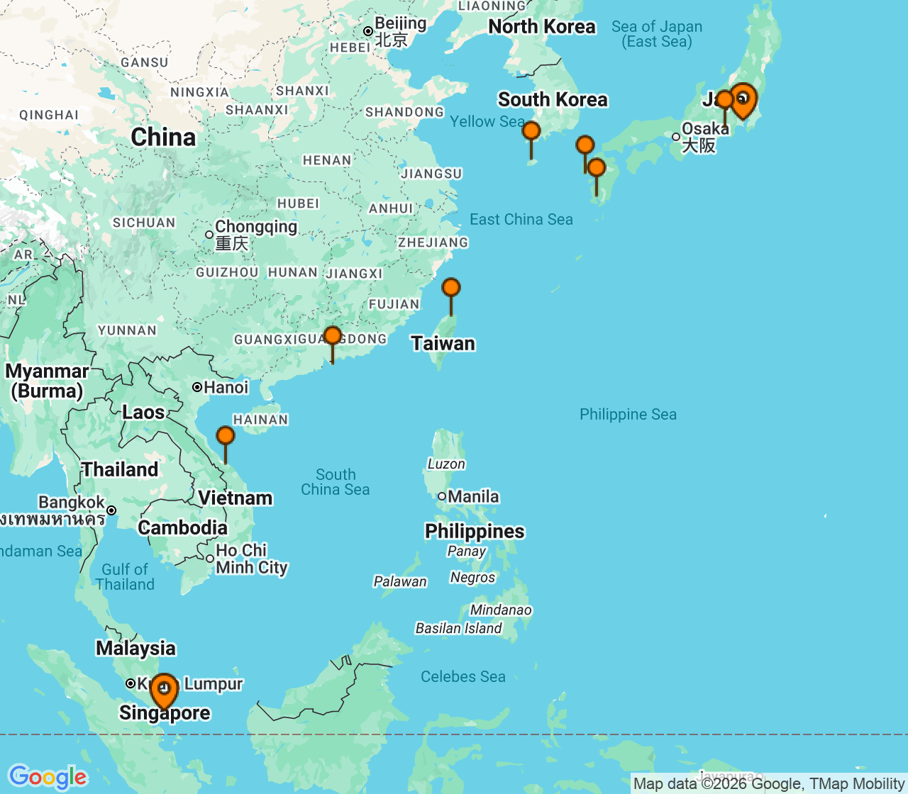 Harta itinerariu Croaziera 2029 - Asia (Orientul Indepartat) (Singapore) - Celebrity Cruises - Celebrity Solstice - 14 nopti