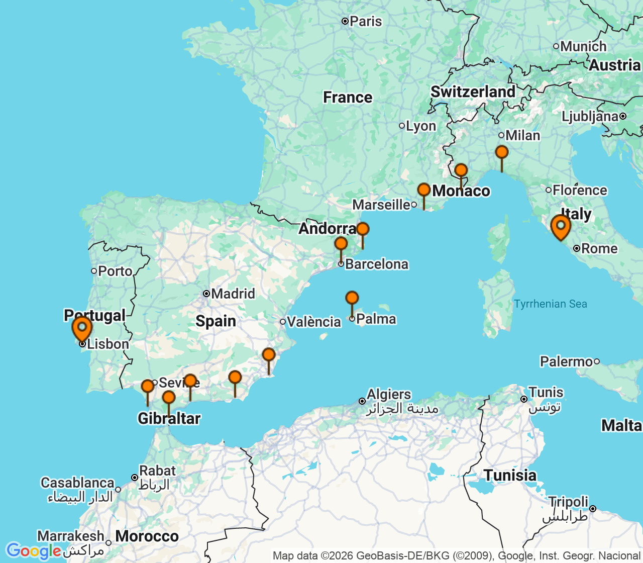 Harta itinerariu Croaziera 2026 - Mediterana (Roma (Civitavecchia), Italia) - Windstar Cruises - Wind Surf - 13 nopti