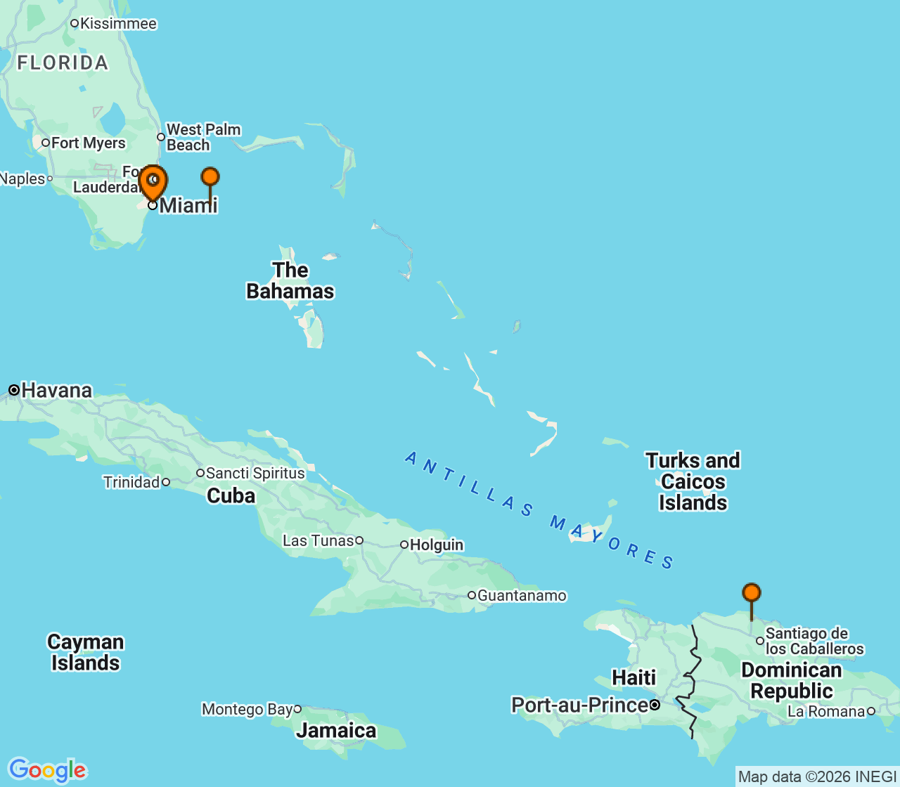 Harta itinerariu Croaziera 2026 - Caraibe si America Centrala (Miami, FL) - Virgin Voyages - Scarlet Lady - 5 nopti