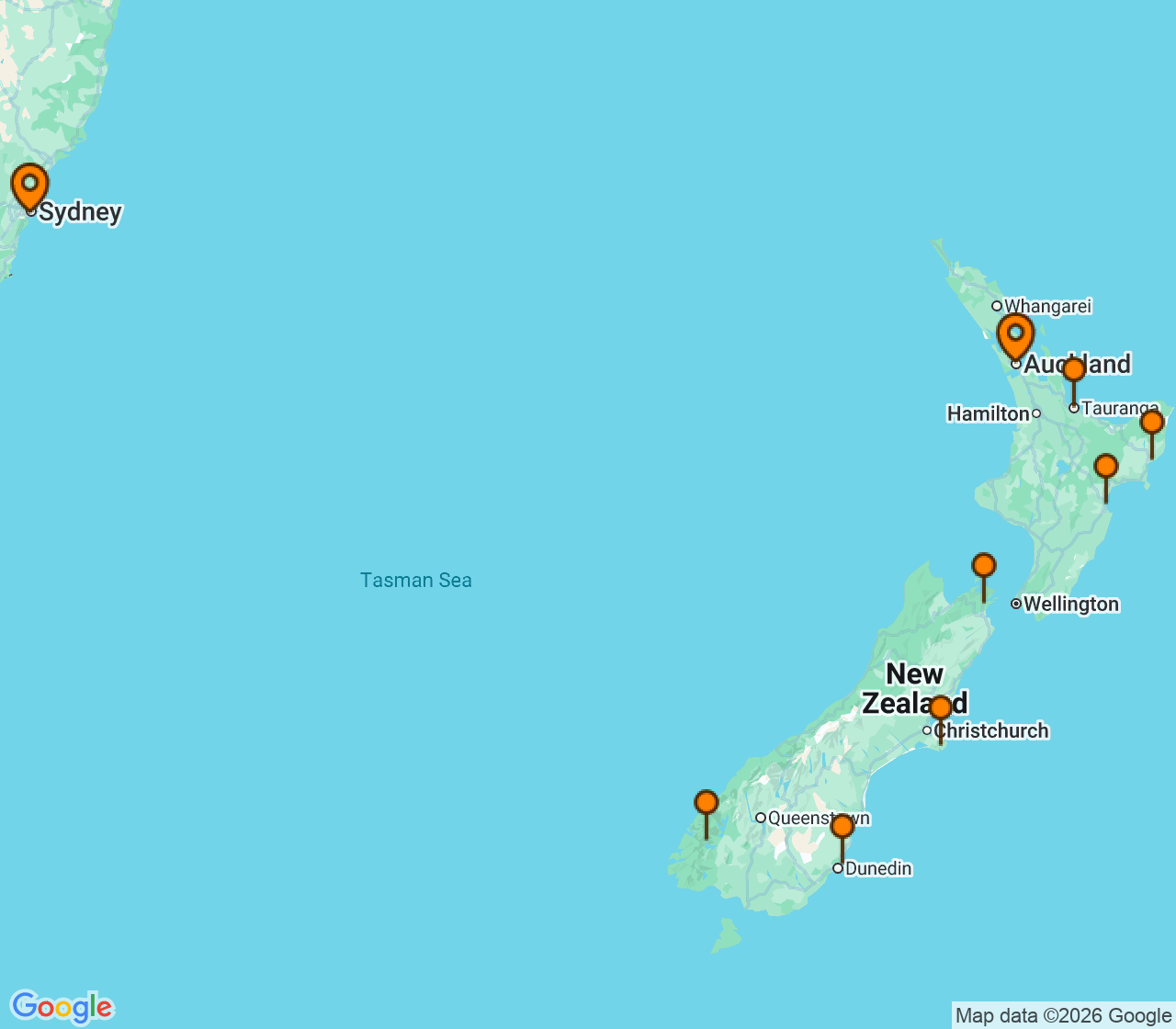 Harta itinerariu Croaziera 2029 - Grand Voyage si Tematice (Auckland, Noua Zeelanda) - Seabourn - Seabourn Quest - 12 nopti
