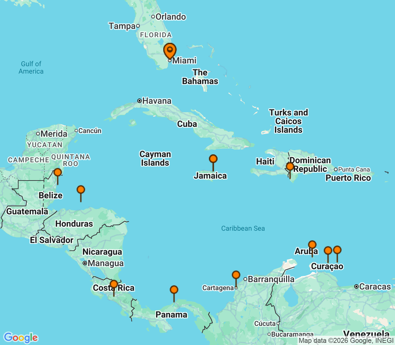 Harta itinerariu Croaziera 2027 - Caraibe si America Centrala (Miami, FL) - MSC Cruises - MSC Poesia - 21 nopti