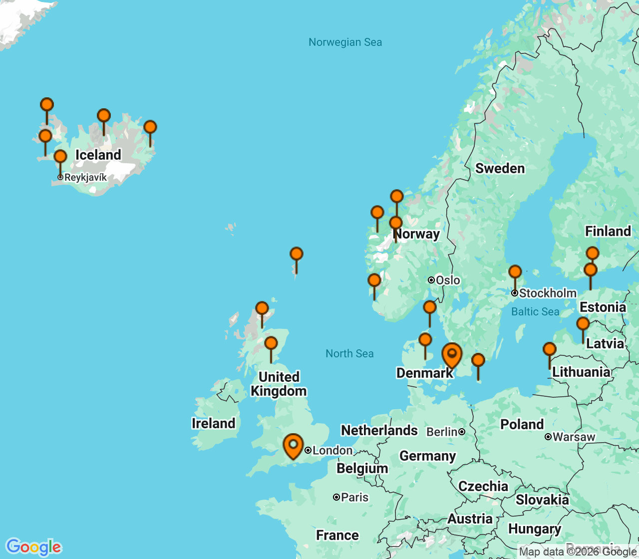Harta itinerariu Croaziera 2028 - Europa de Nord (Copenhaga, Danemarca) - Princess Cruises - Caribbean Princess - 34 nopti