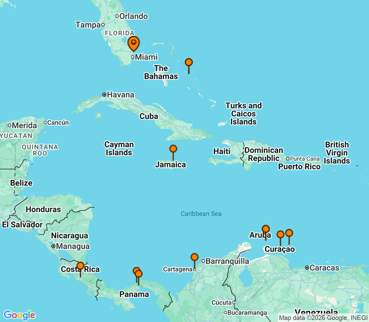 Harta itinerariu Croaziera 2028 - Caraibe si America Centrala (Fort Lauderdale, Florida) - Holland America Line - Oosterdam - 21 nopti