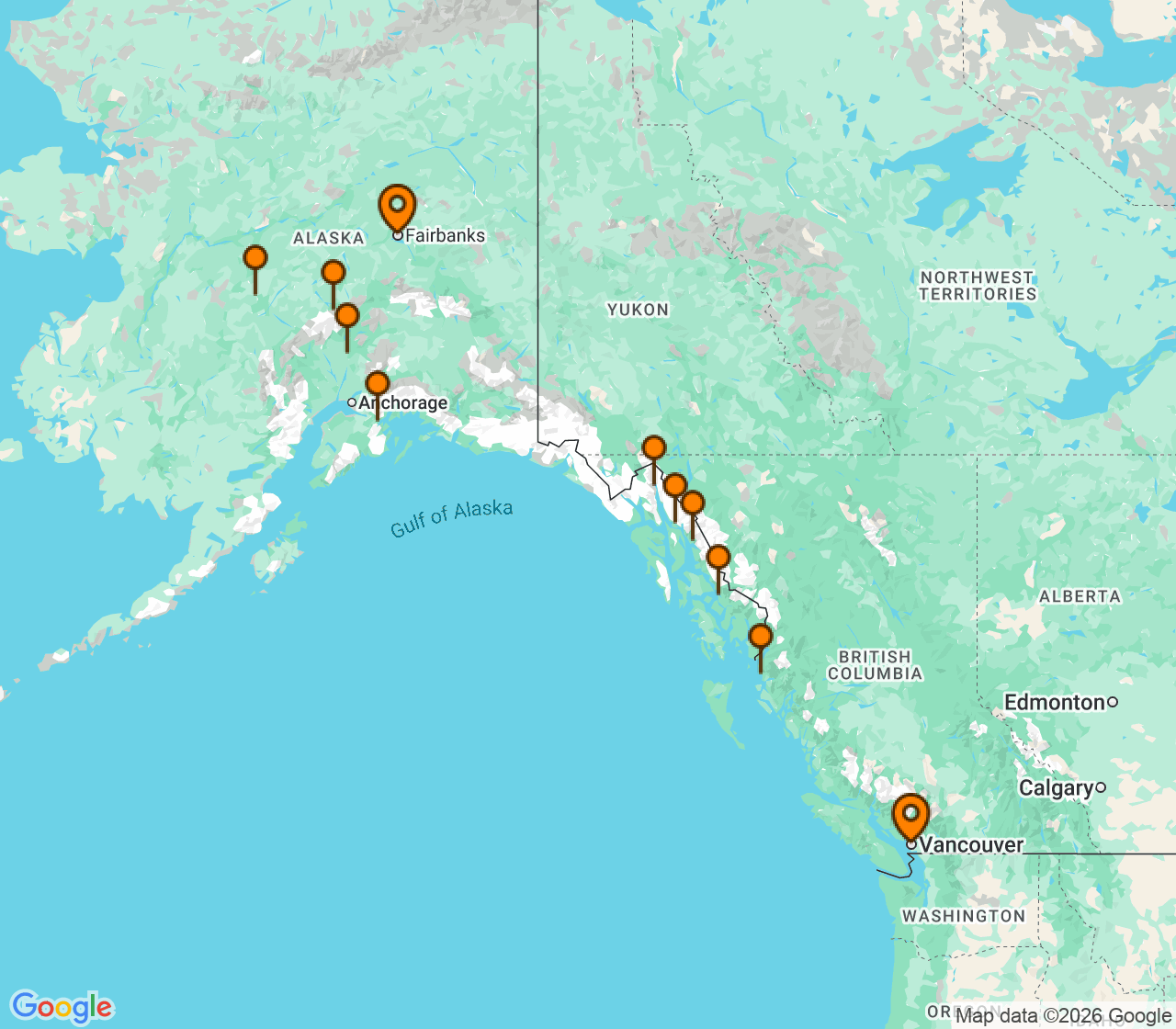 Harta itinerariu Croaziera 2027 - Alaska (Fairbanks, Alaska) - Windstar Cruises - Star Seeker - 11 nopti