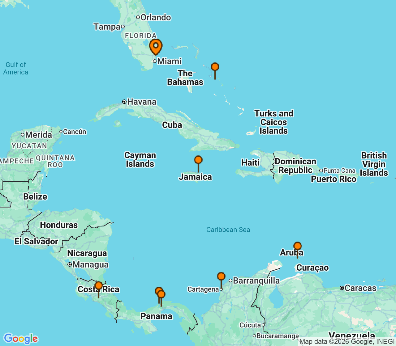 Harta itinerariu Croaziera 2026 - Caraibe si America Centrala (Fort Lauderdale, Florida) - Holland America Line - Nieuw Amsterdam - 12 nopti