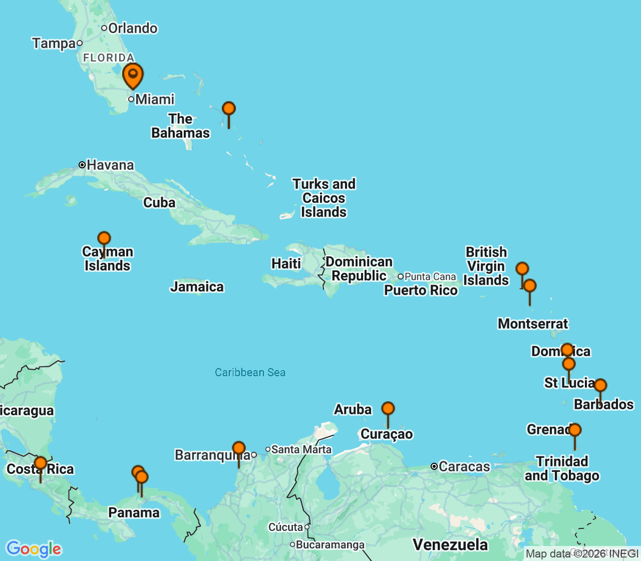 Harta itinerariu Croaziera 2027 - Caraibe si America Centrala (Fort Lauderdale, Florida) - Holland America Line - Volendam - 24 nopti