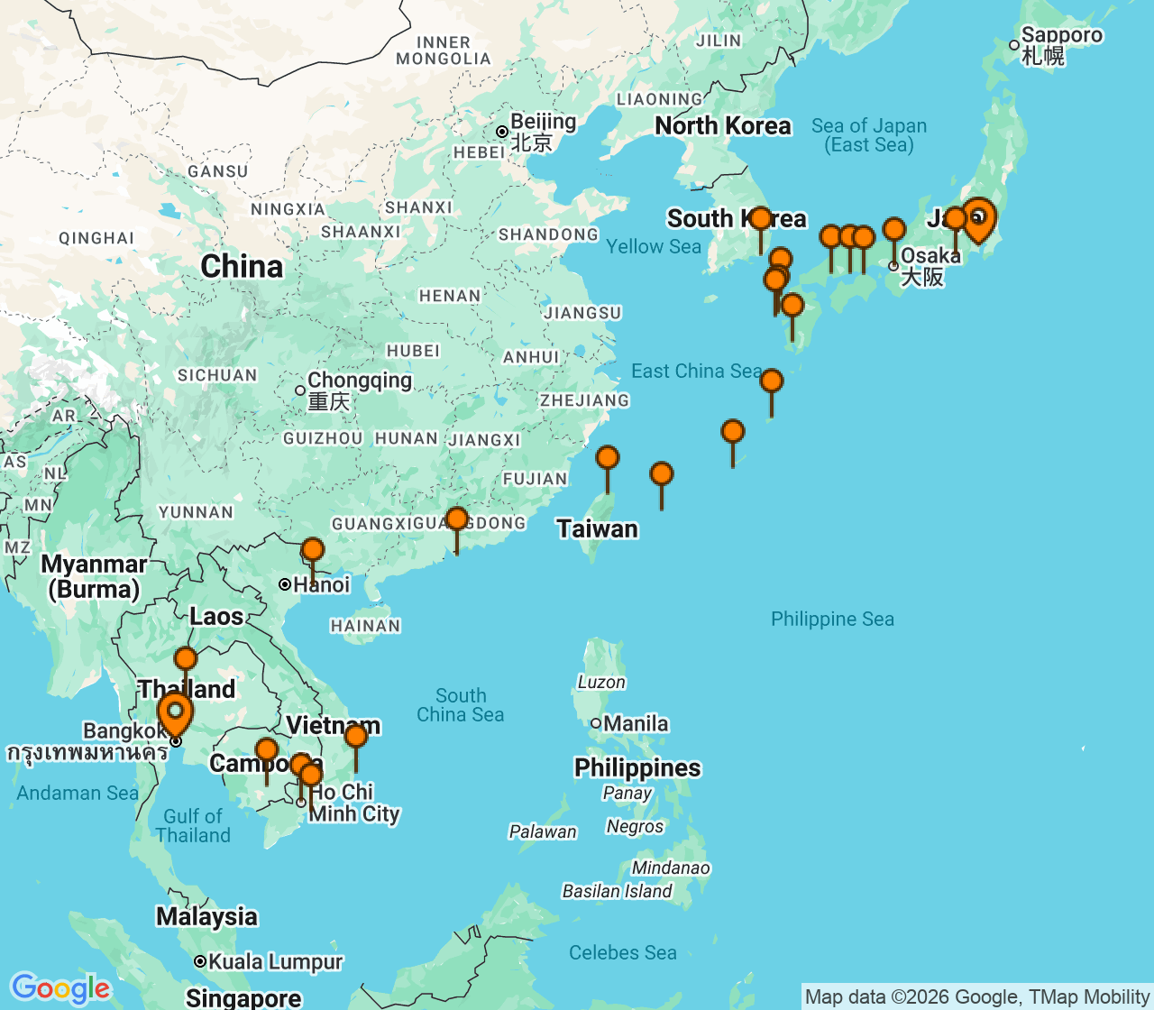 Harta itinerariu Croaziera 2027 - Asia (Orientul Indepartat) (Bangkok, Thailanda) - Windstar Cruises - Star Seeker - 30 nopti