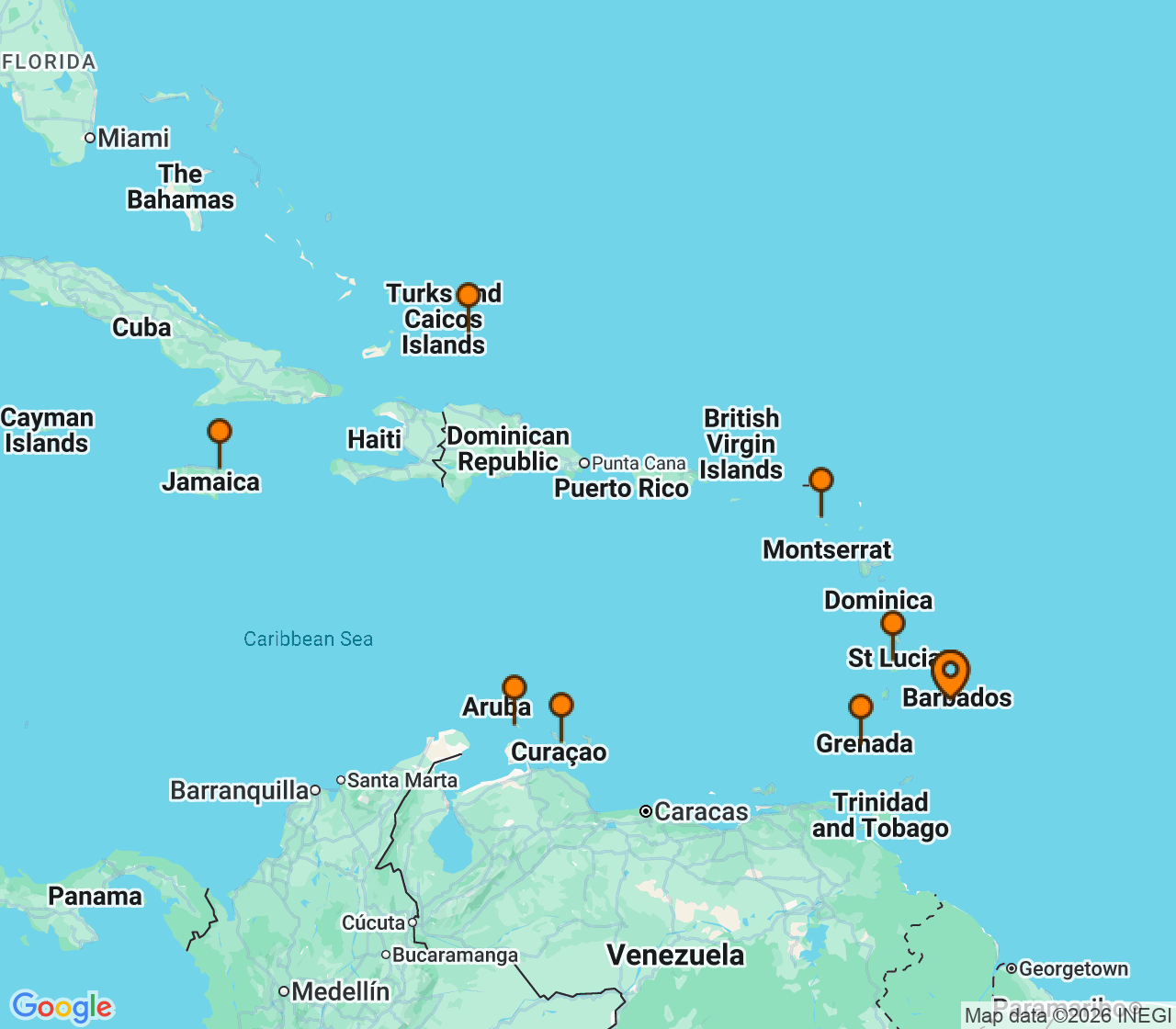 Harta itinerariu Croaziera 2027 – Caraibe si America Centrala (Bridgetown, Barbados) - P&O Cruises - P&O Britannia - 14 nopti