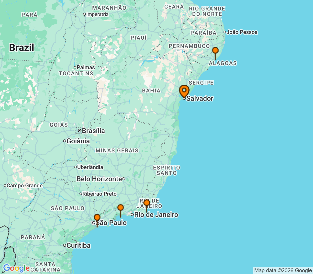Harta itinerariu Croaziera 2027 - America de Sud (Salvador, Brazilia) - MSC Cruises - MSC Virtuosa - 8 nopti