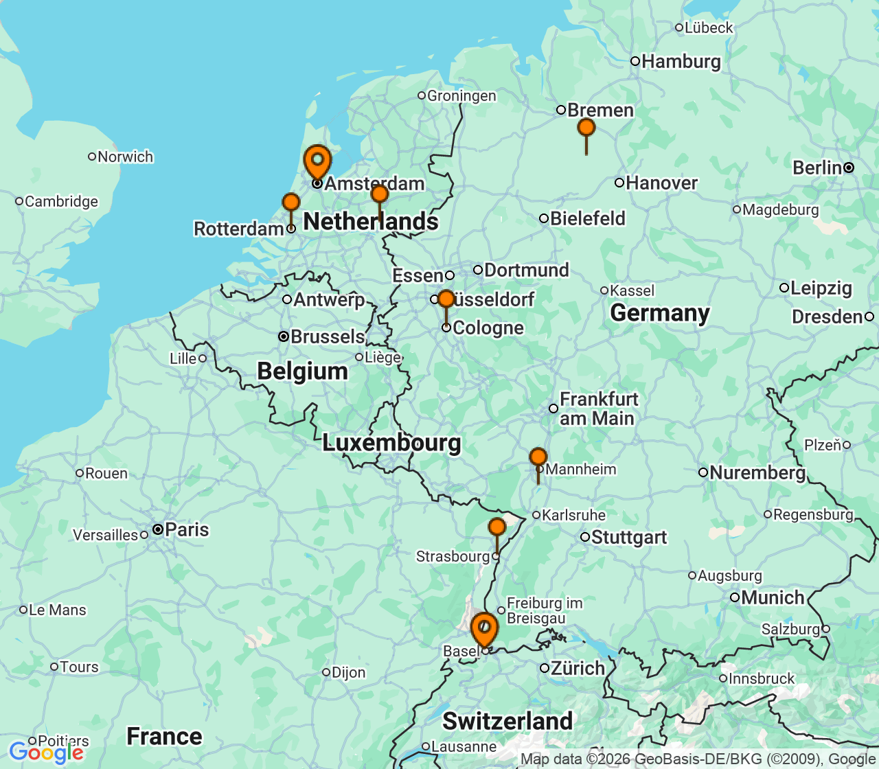 Harta itinerariu Croaziera 2027 - Europa de Nord (Amsterdam, Olanda) - Uniworld River Cruises - S.S. Audrey - 10 nopti
