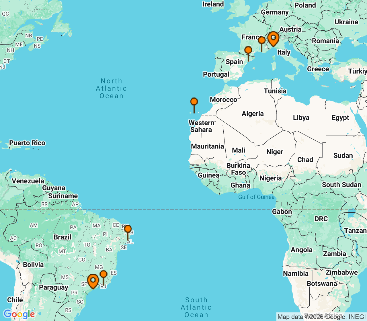 Harta itinerariu Croaziera 2027 - Repozitionari si Transoceanic (Santos, Brazilia) - MSC Cruises - MSC Musica - 16 nopti