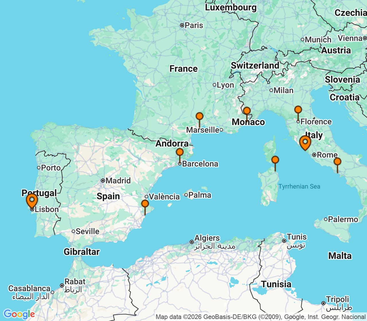 Harta itinerariu Croaziera 2027 - Mediterana (Lisabona, Portugalia) - Regent Seven Seas Cruises - Seven Seas Voyager - 9 nopti