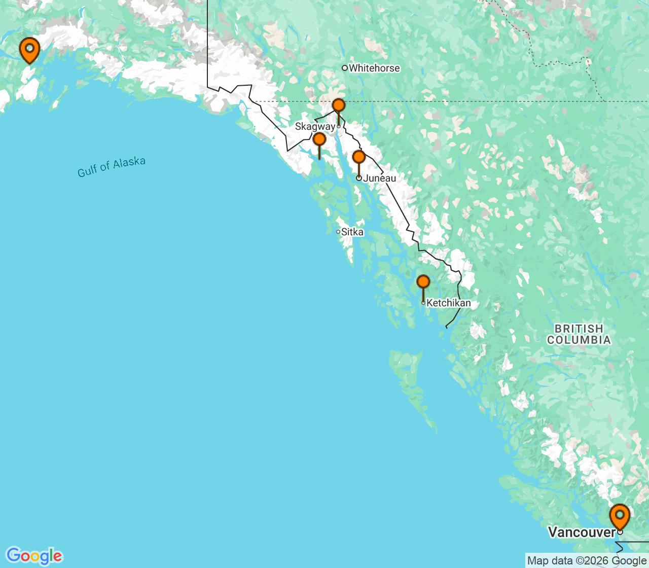 Harta itinerariu Croaziera 2028 - Alaska (Vancouver, Canada) - Norwegian Cruise Line - Norwegian Jade - 7 nopti
