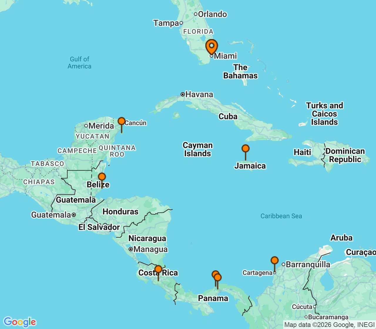 Harta itinerariu Croaziera 2026 - Caraibe si America Centrala (Miami, FL) - Norwegian Cruise Line - Norwegian Sun - 11 nopti